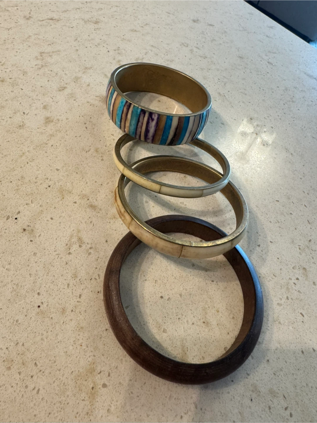 Set of 4 Bangles - Wood, Metal, and Bone Inlay