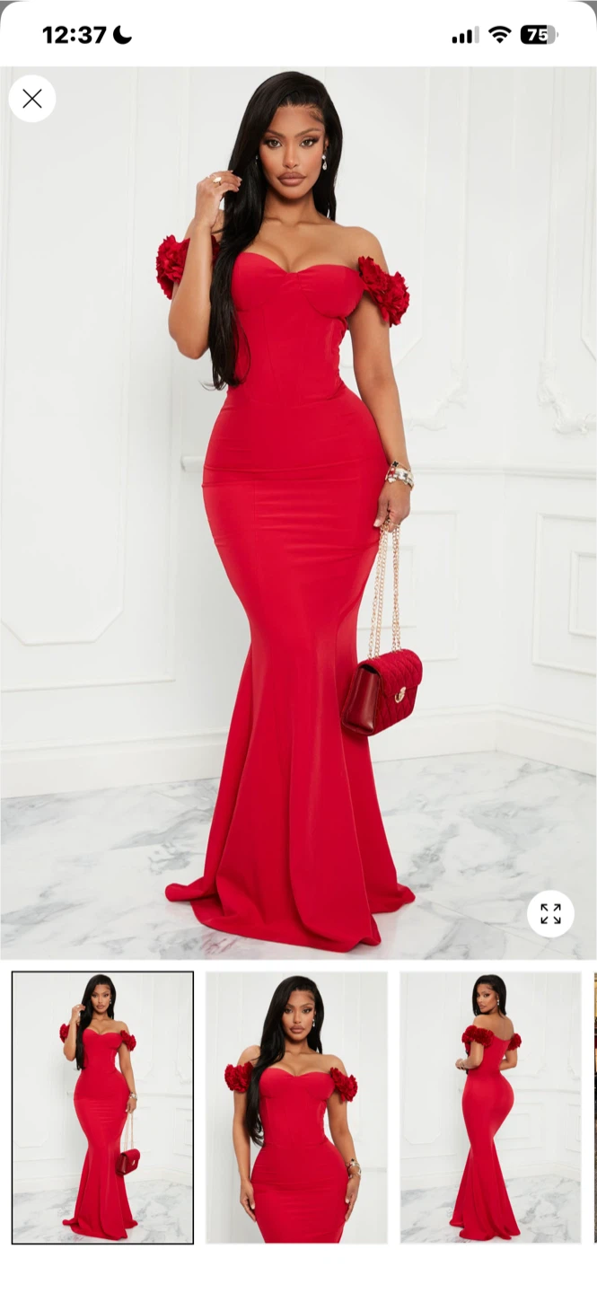 Fashion Nova Red Off-Shoulder Floral Detail Maxi Dress