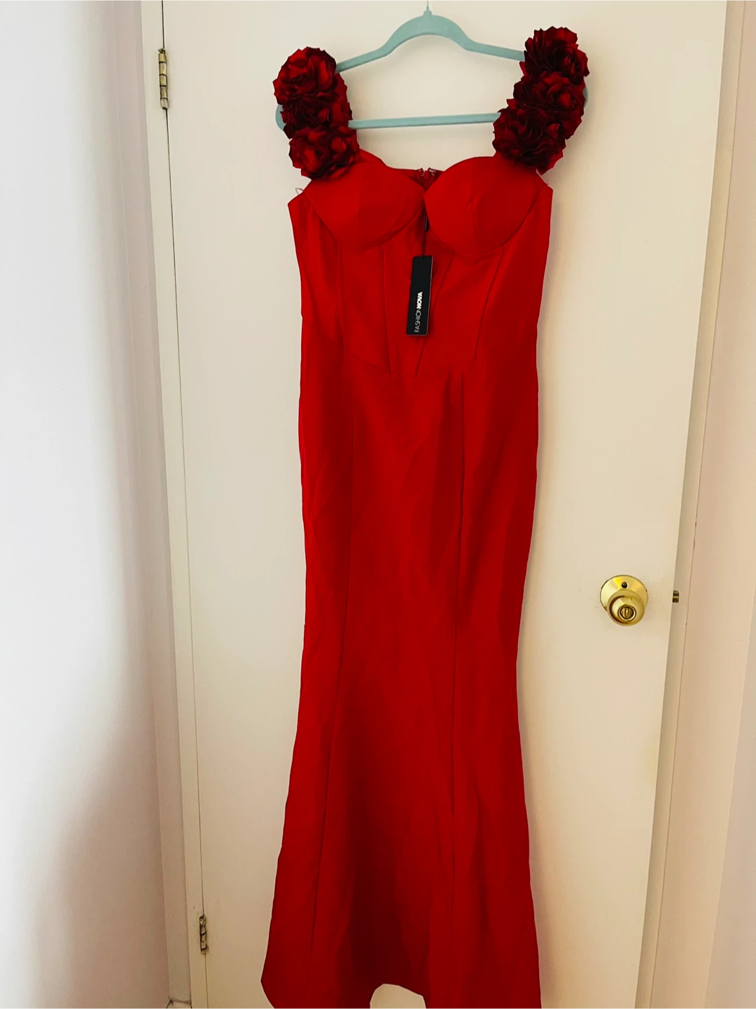 Fashion Nova Red Off-Shoulder Floral Detail Maxi Dress - photo 2