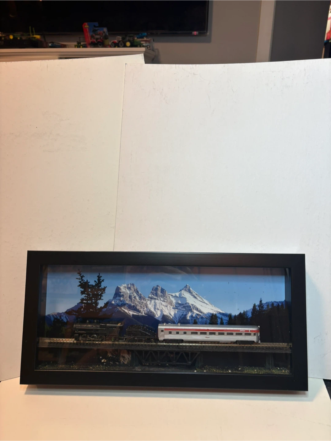 Framed Model Train Diorama with Mountain Scenery