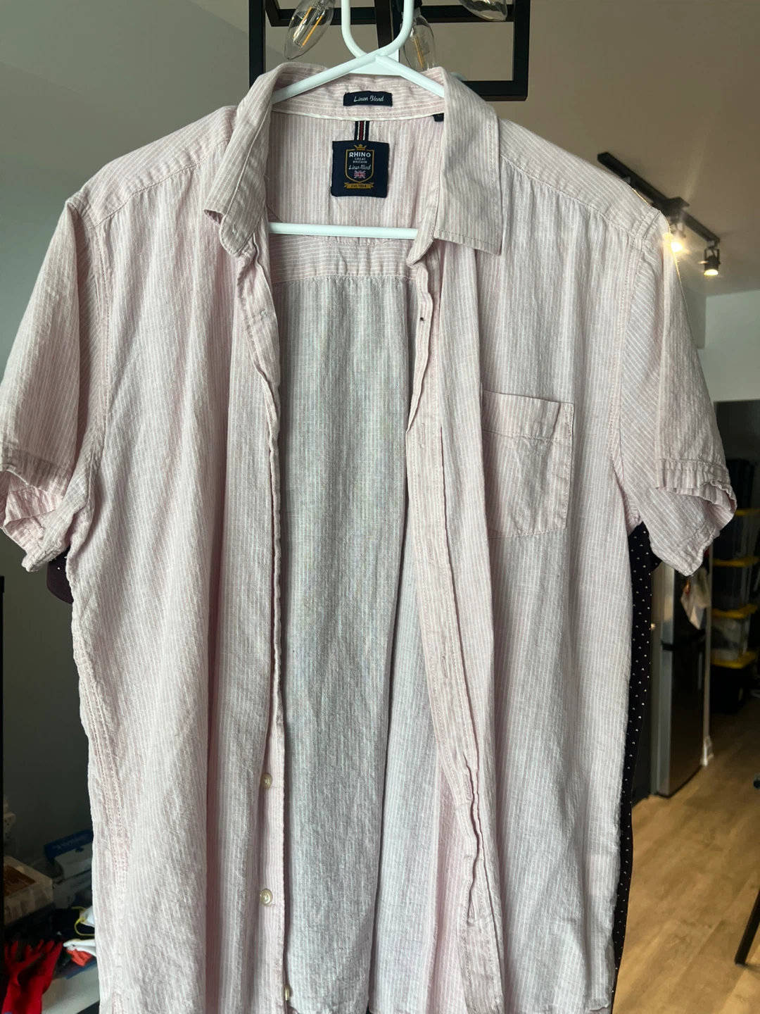 Rhino Linen Blend Striped Short Sleeve Shirt - Pink - Size L
