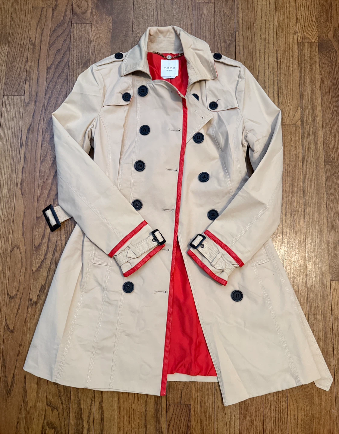 Pre-loved Bebe Double Breasted Leather Trim Trench Coat 🏆