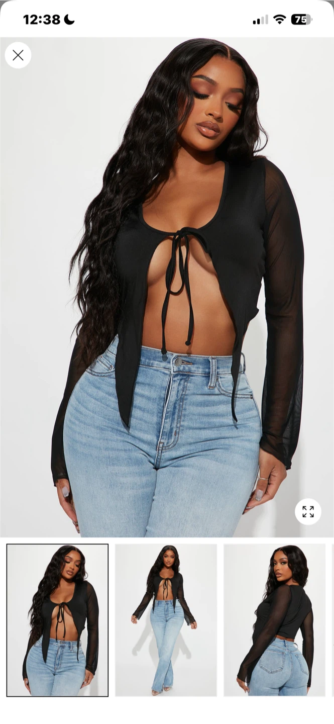 Fashion Nova Black Mesh Tie Front Long Sleeve Crop Top