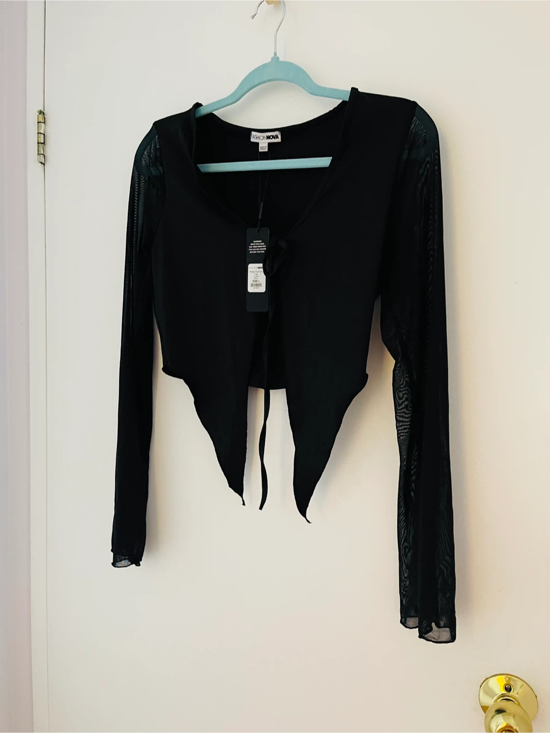 Fashion Nova Black Mesh Tie Front Long Sleeve Crop Top - photo 2