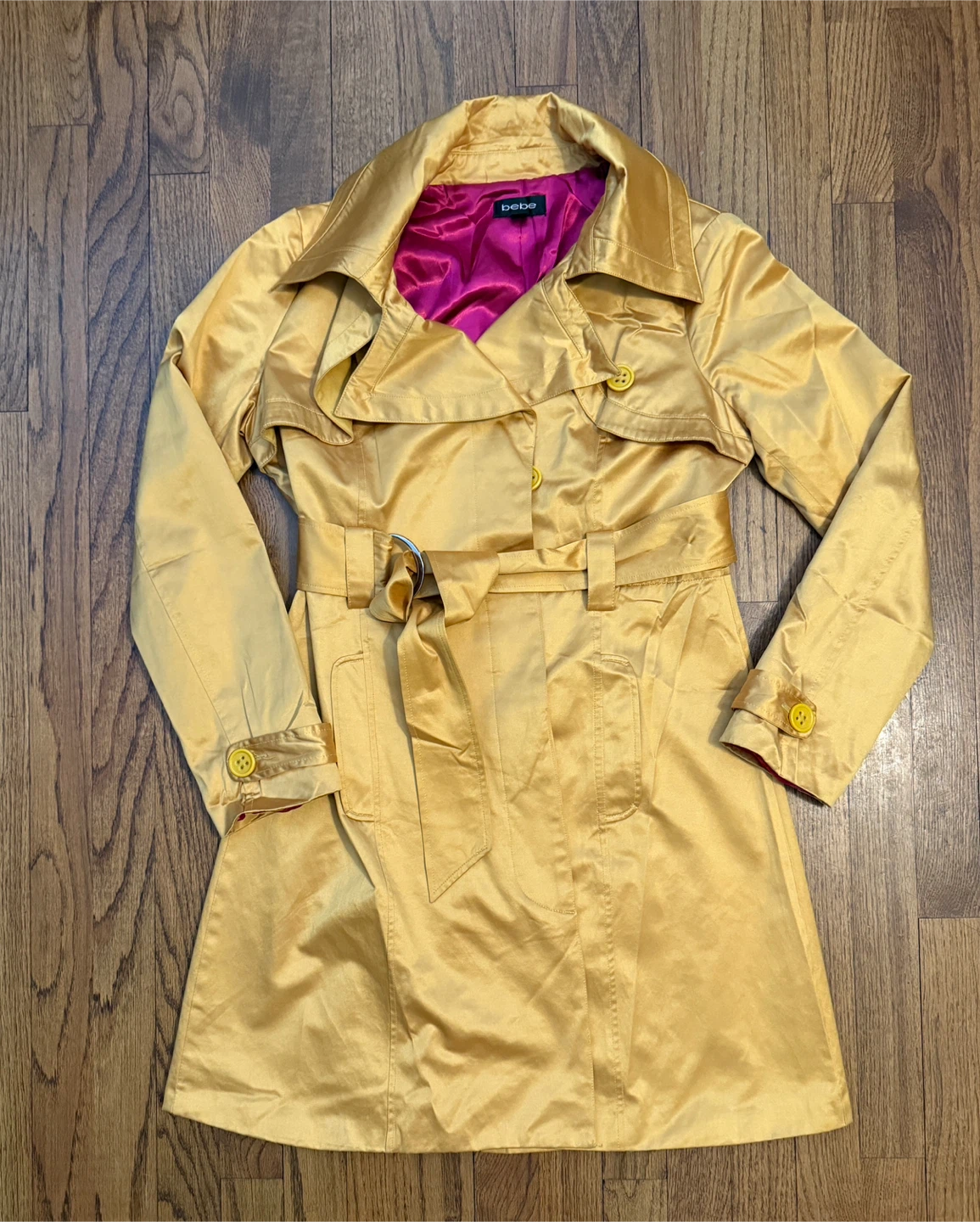 Pre-loved Bebe Gold Satin Double Breasted Trench Coat 🏆