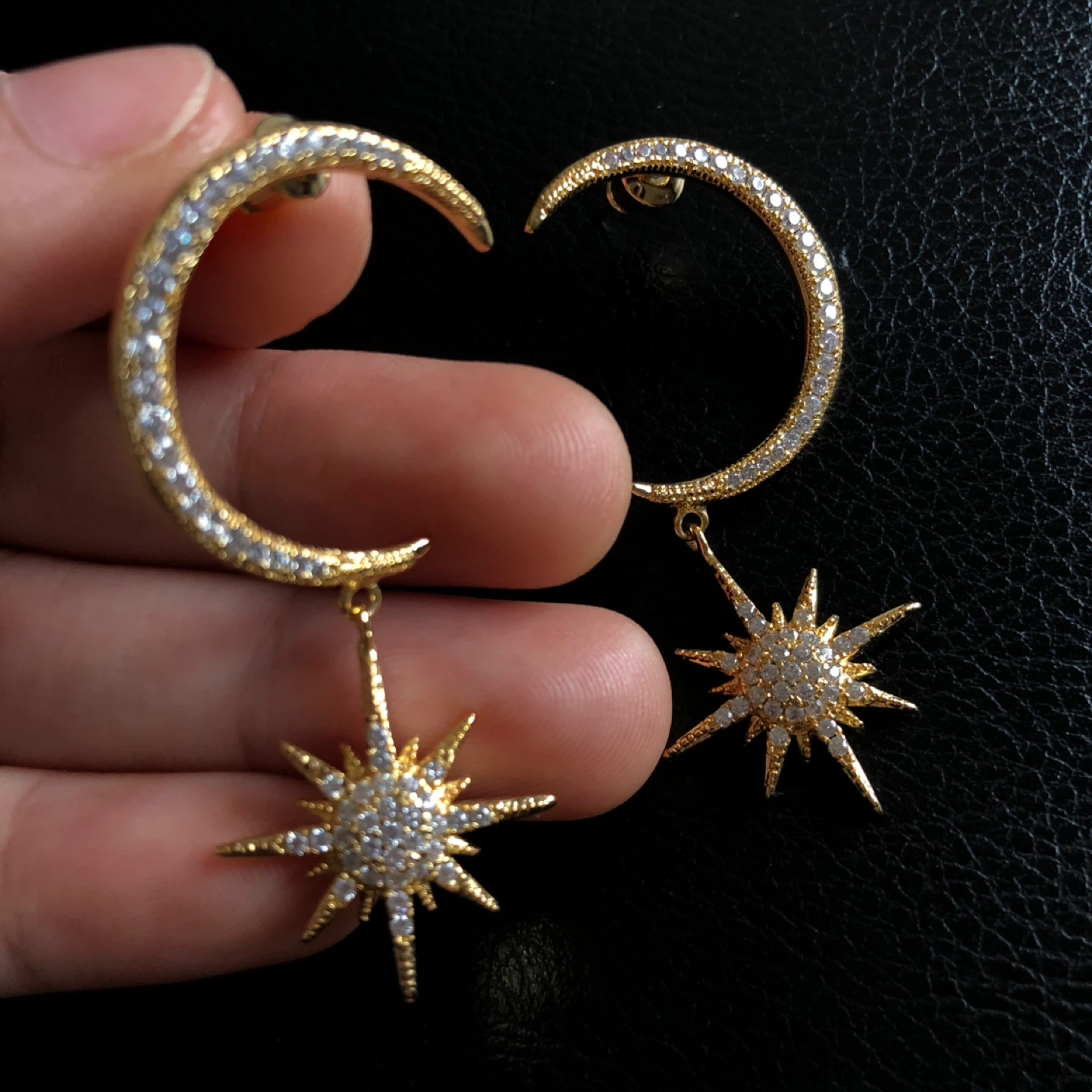 Gold Tone Moon and Star Dangle Earrings - photo 3