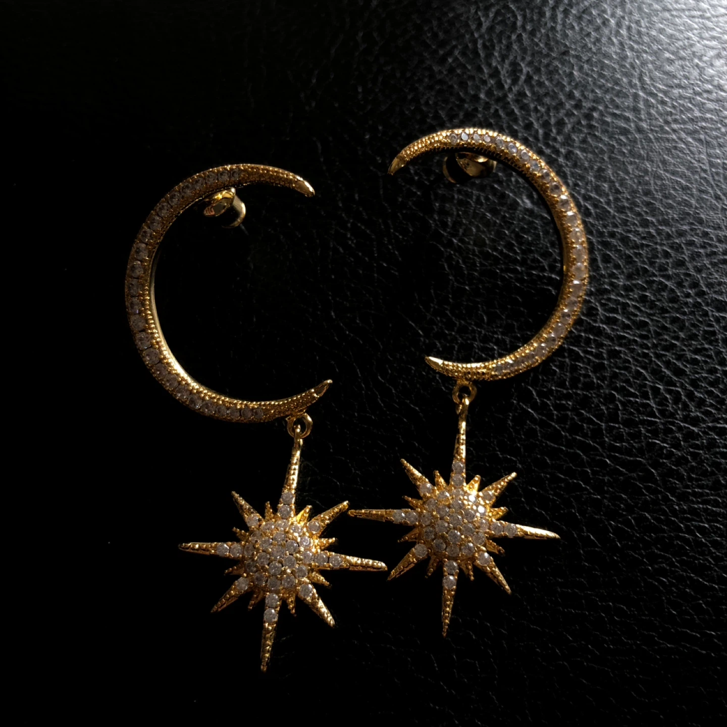 Gold Tone Moon and Star Dangle Earrings