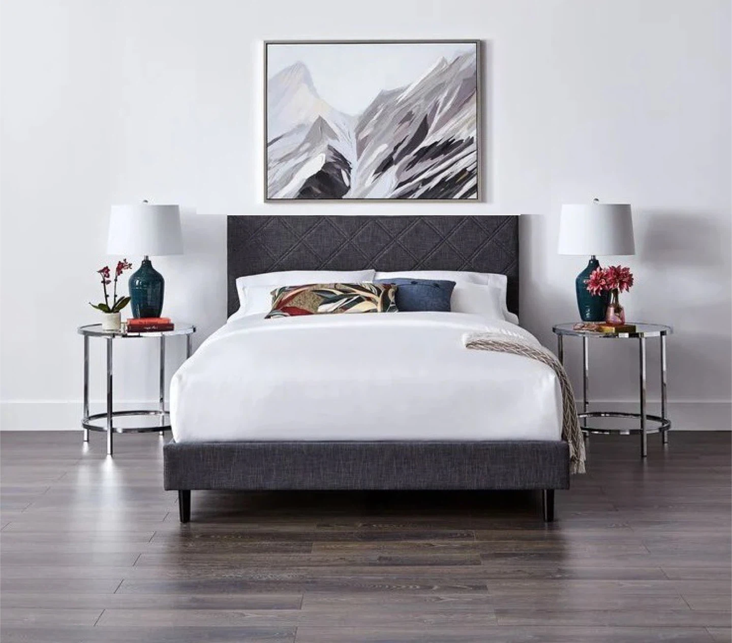 Dark Grey Upholstered Diamond Tufted Bed Frame