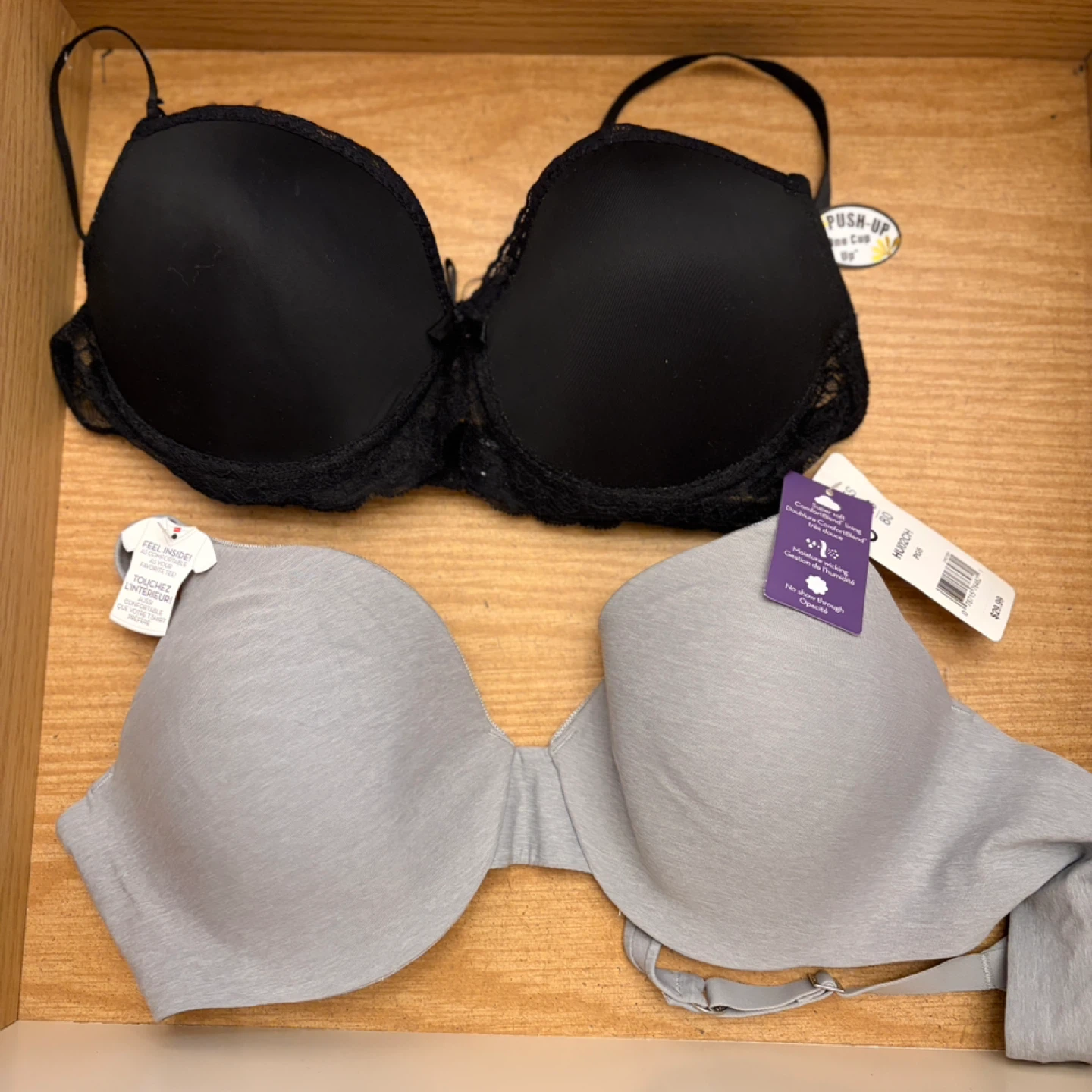 Two Bras: Black Push-Up & Grey Strapless