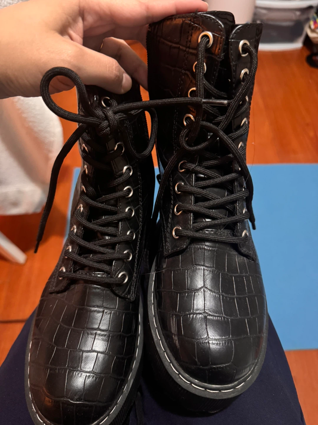 Black Crocodile Texture Chunky Platform Boots - photo 3