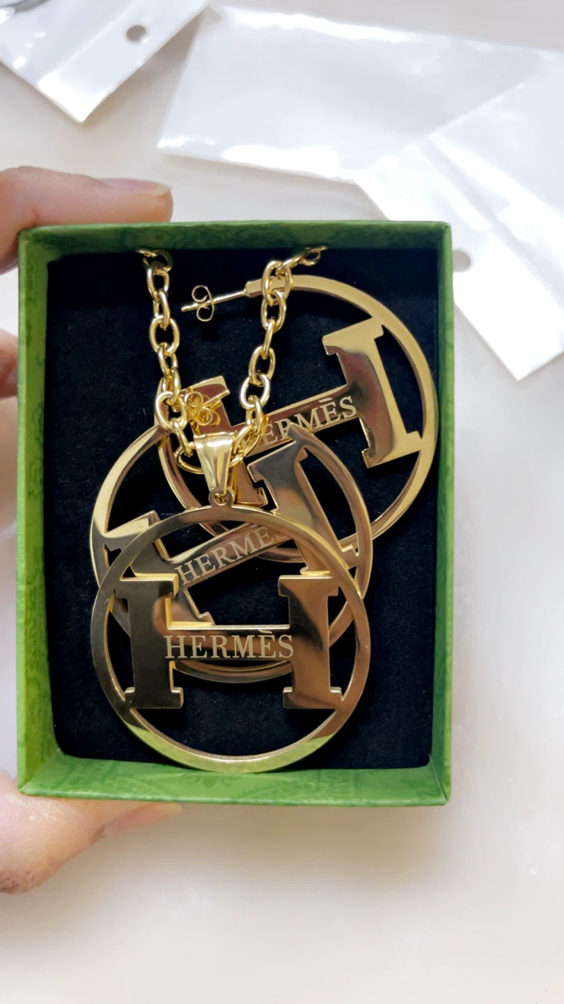Hermes Inspired "H" Pendant Necklace and Hoop Earrings Set - photo 4