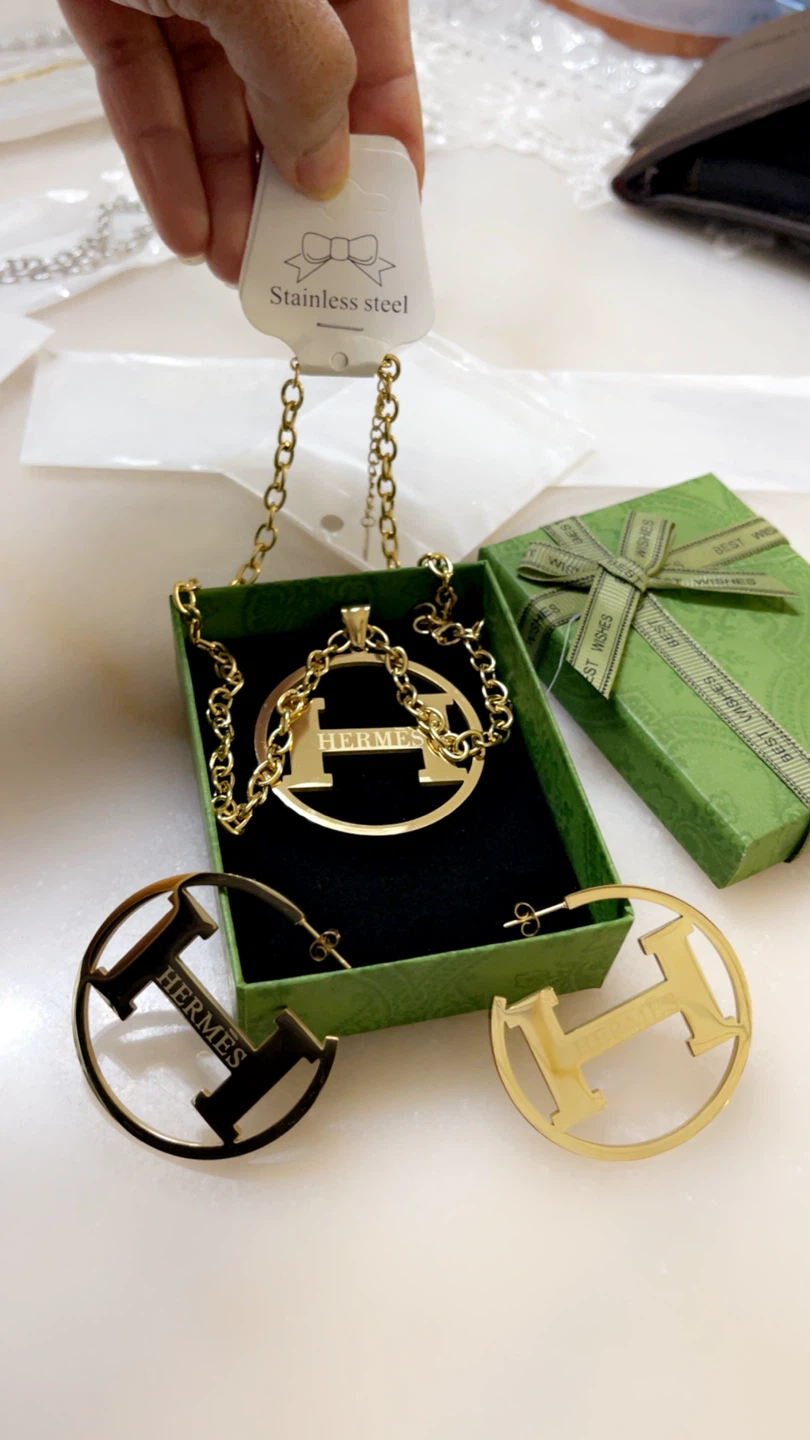 Hermes Inspired "H" Pendant Necklace and Hoop Earrings Set - photo 2
