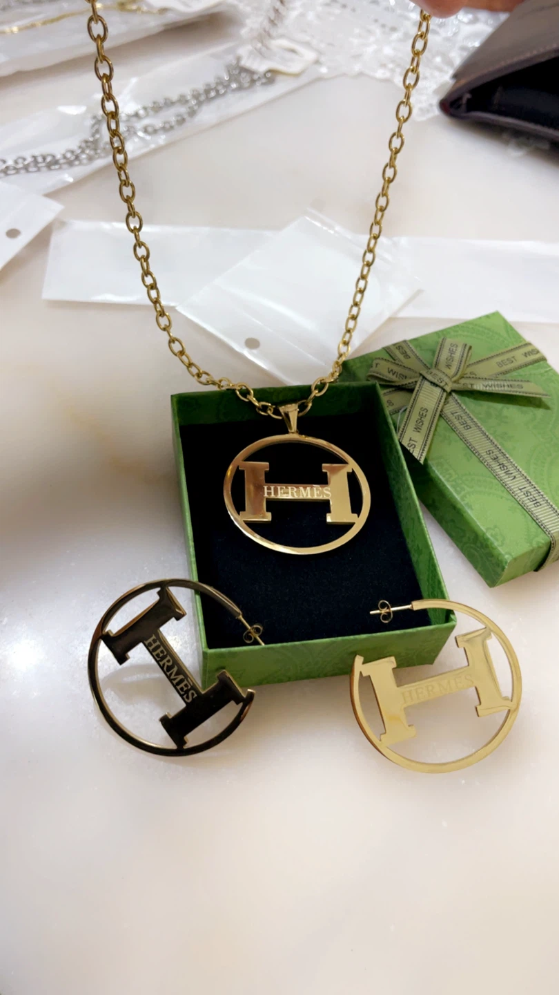 Hermes Inspired "H" Pendant Necklace and Hoop Earrings Set - photo 3
