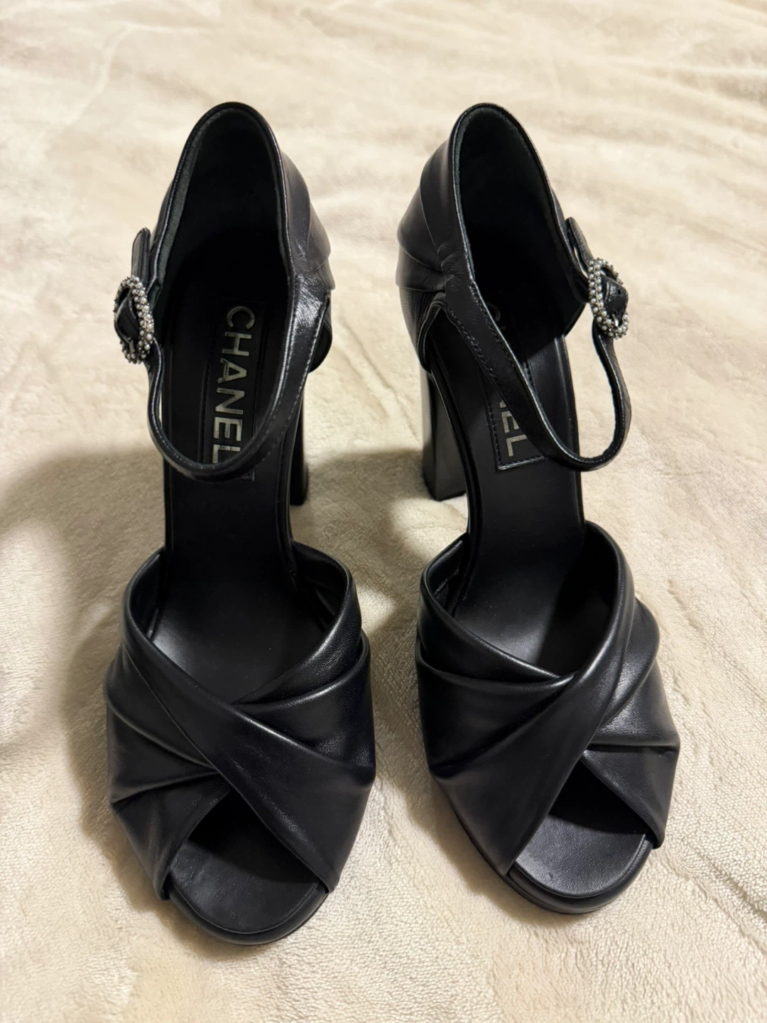 Chanel Black Leather Heels with Crystal Buckle - photo 3