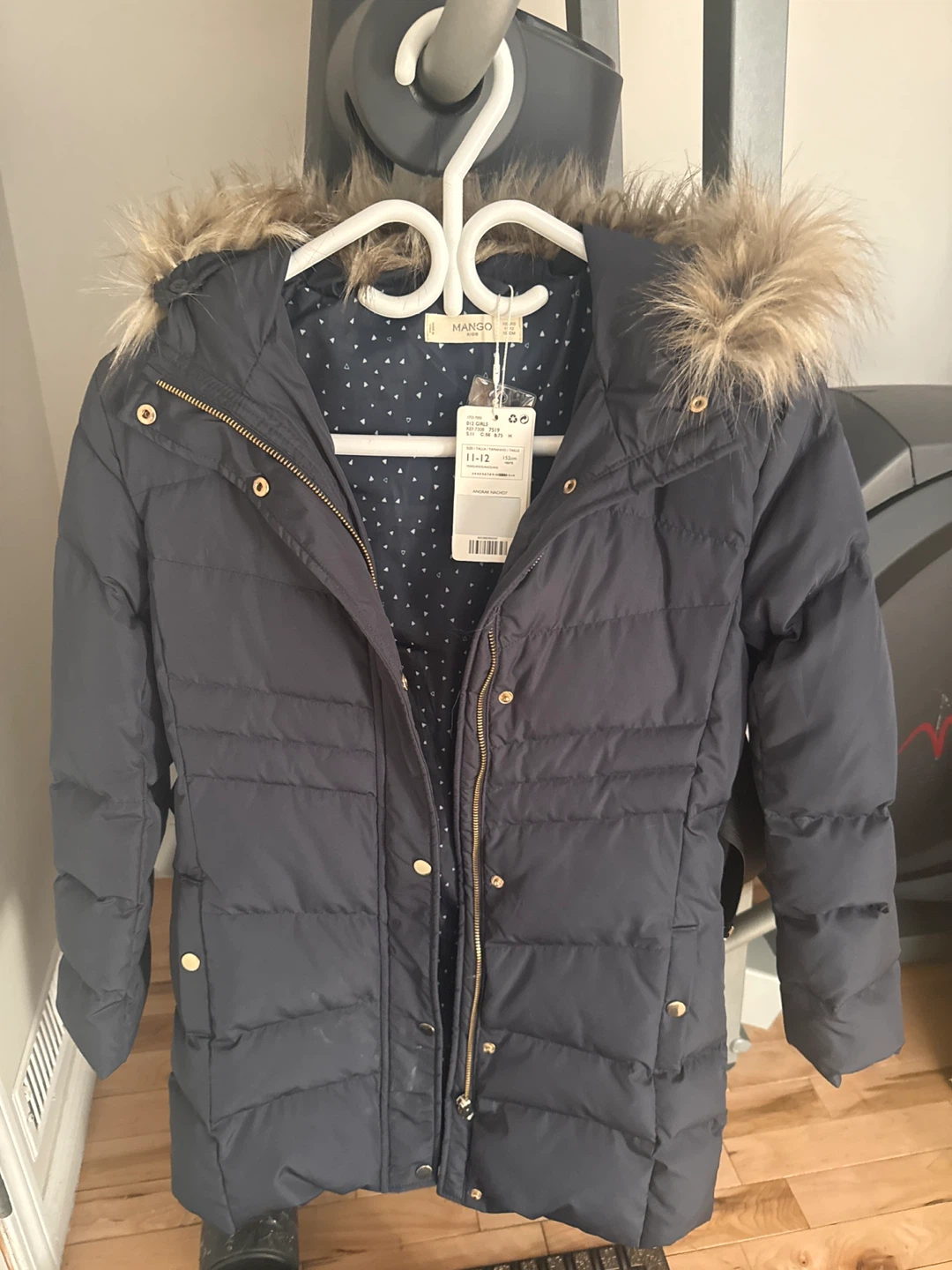 Mango Kids Dark Blue Puffer Coat with Fur Hood - Size 11-12 - photo 2