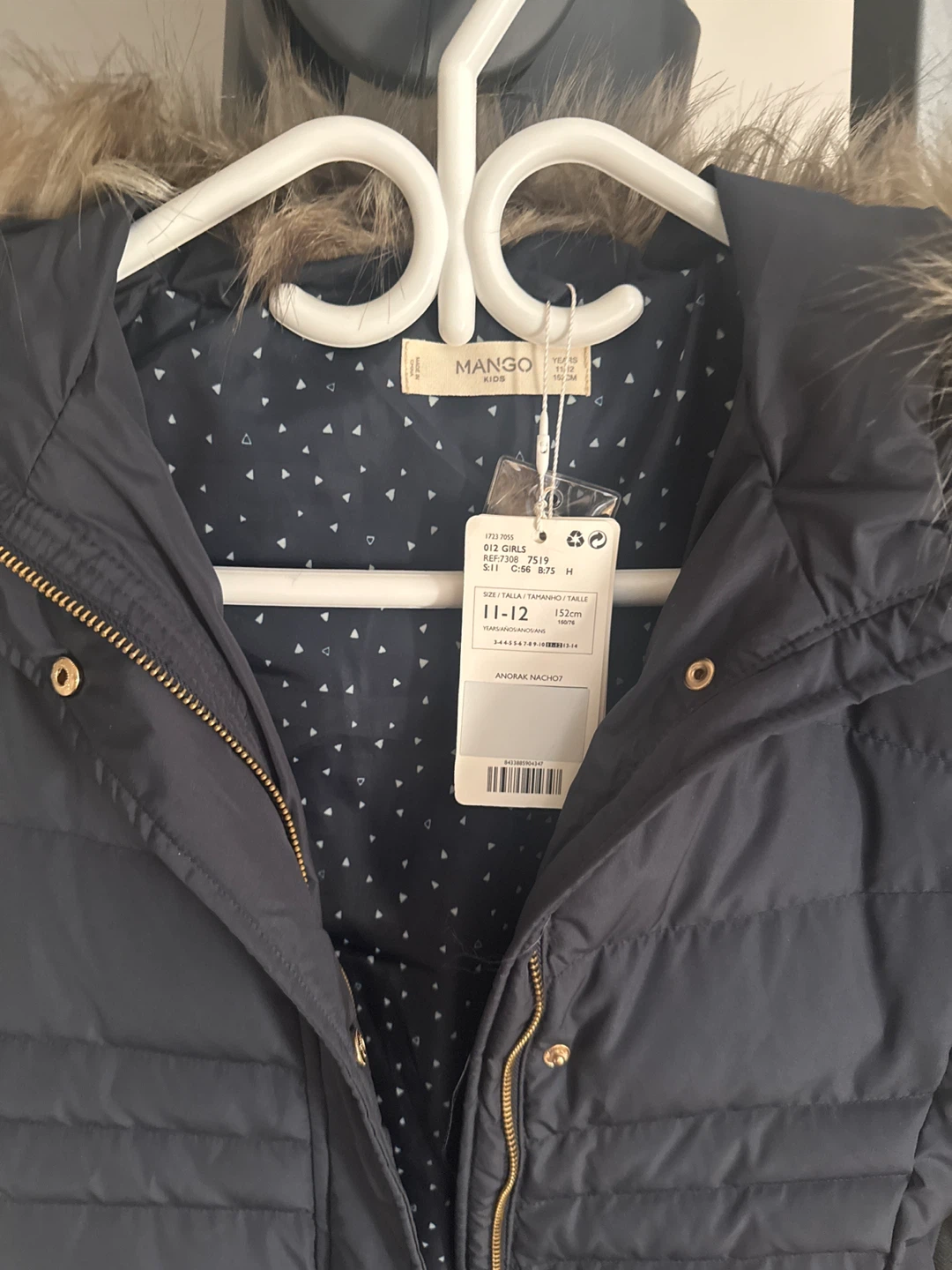 Mango Kids Dark Blue Puffer Coat with Fur Hood - Size 11-12