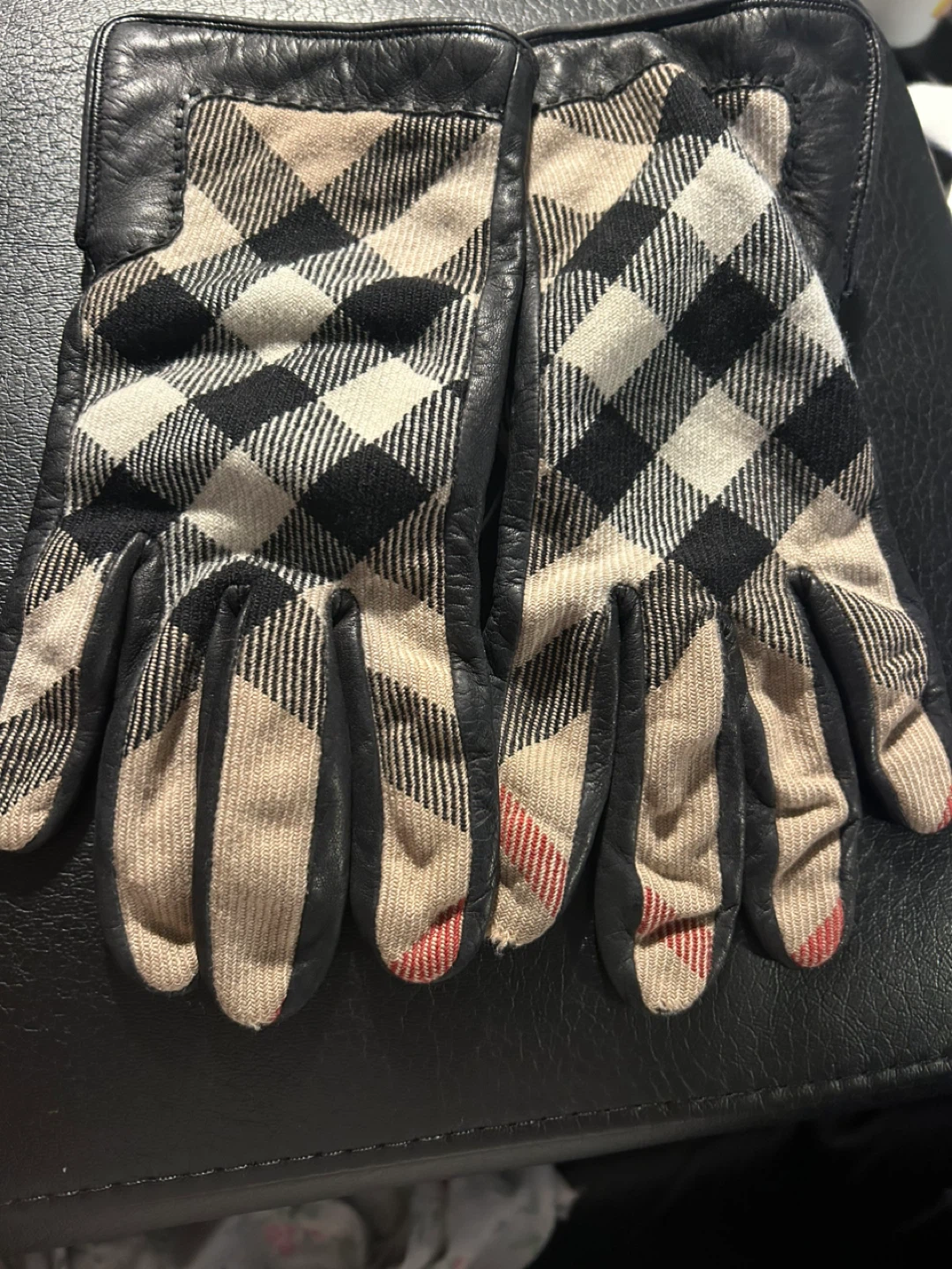 Black Leather & Plaid Gloves Size 6 1/2