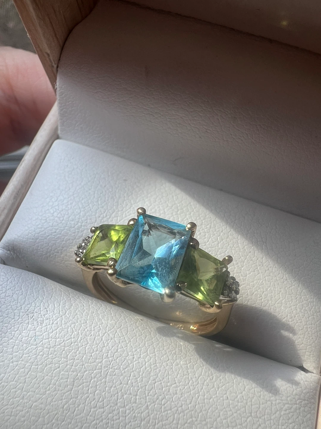 10 k peridot , blue topaz  Ring with Diamonds