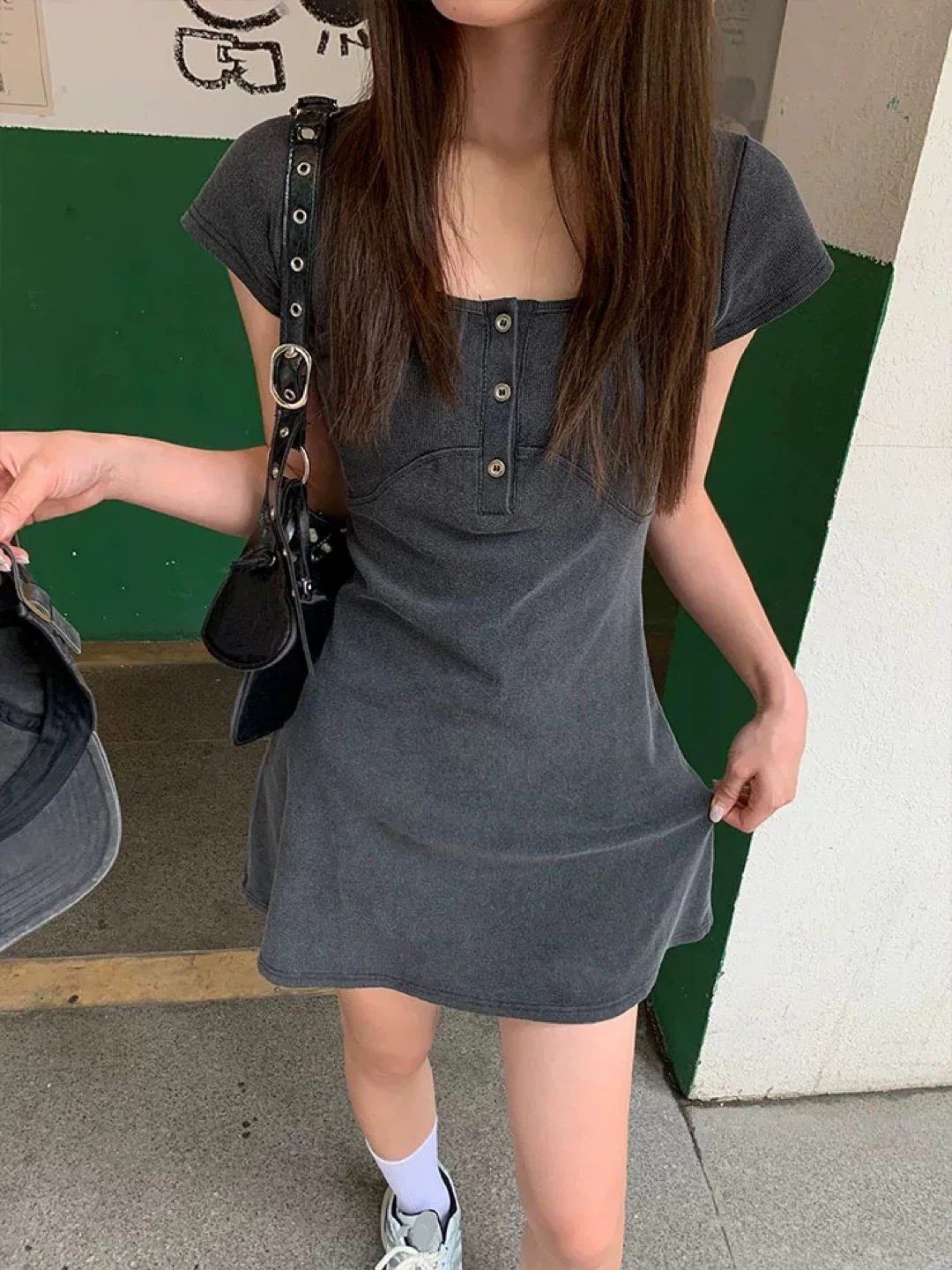BN Grey Button-Up Short Sleeve Mini Dress- size small