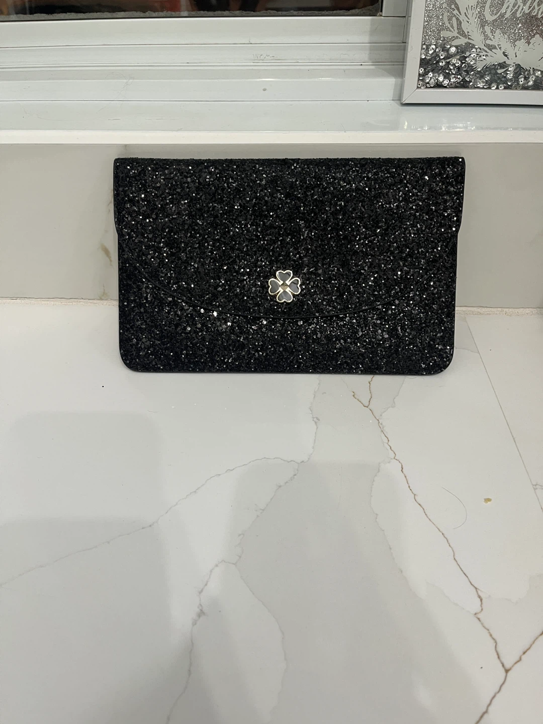 Black Glitter Clutch with Clover Accent