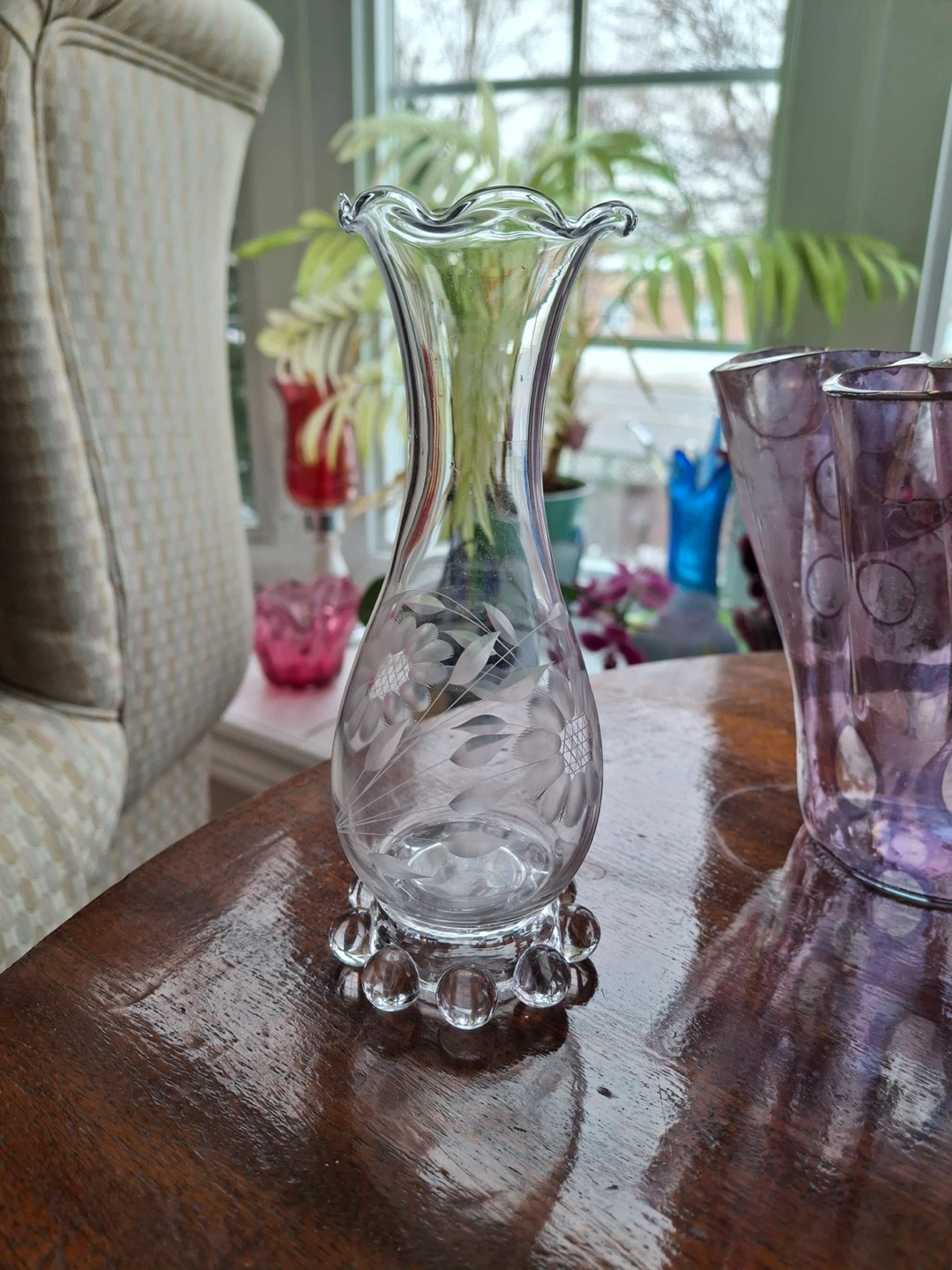 Small vintage cornflower etched bud vase
