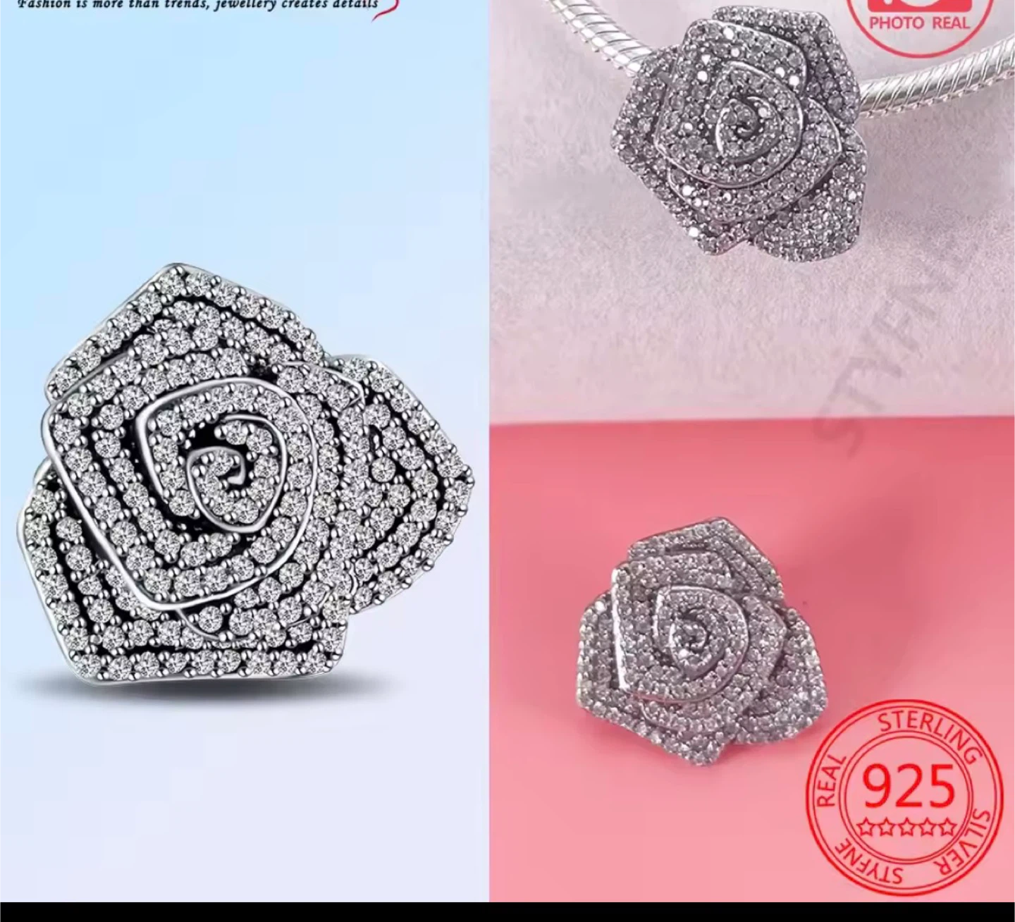 🏆Sterling Silver Rose Charm Bead - photo 5