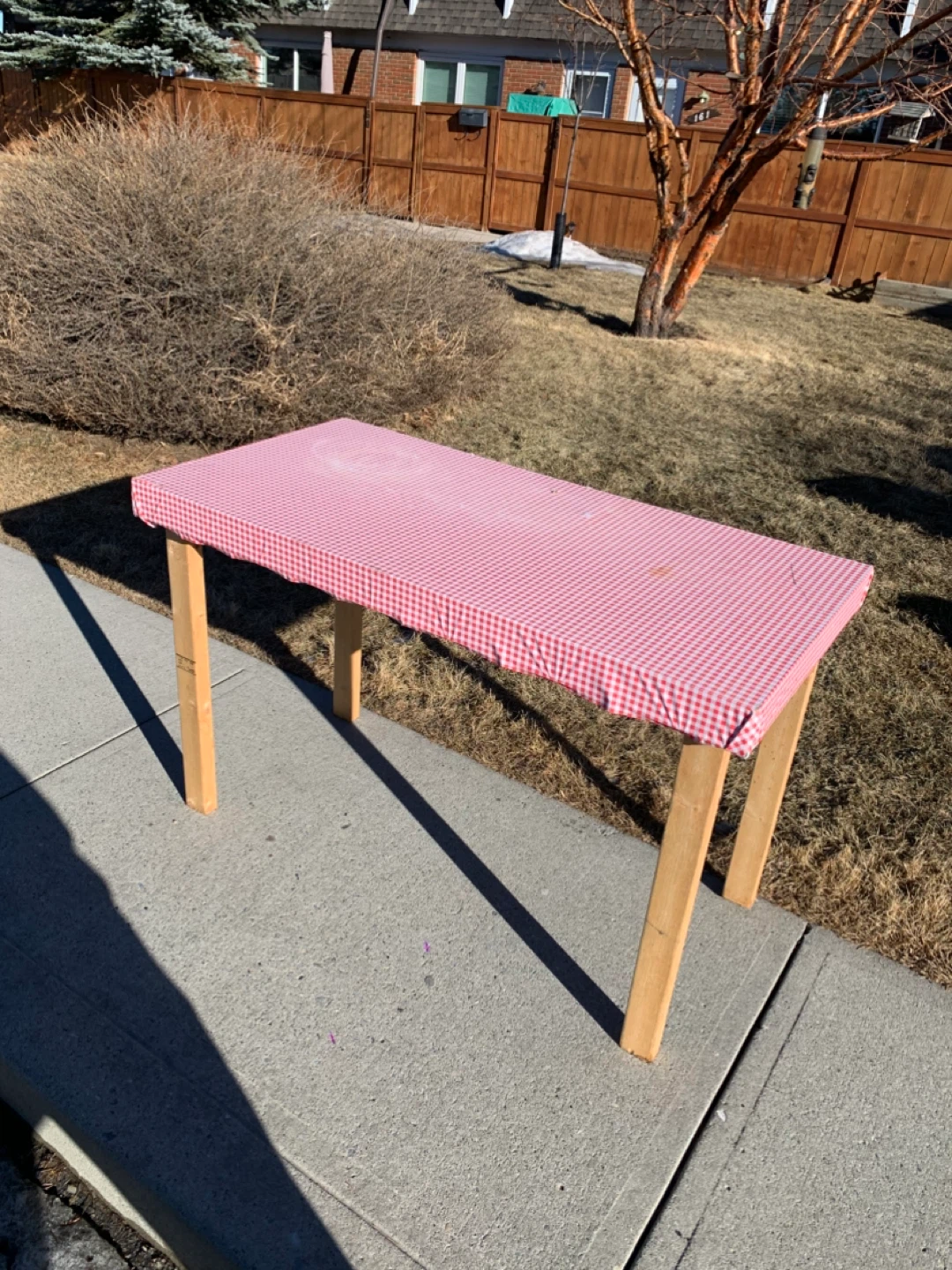 Wooden Table with Red Checkered Cover / furniture tables - photo 2