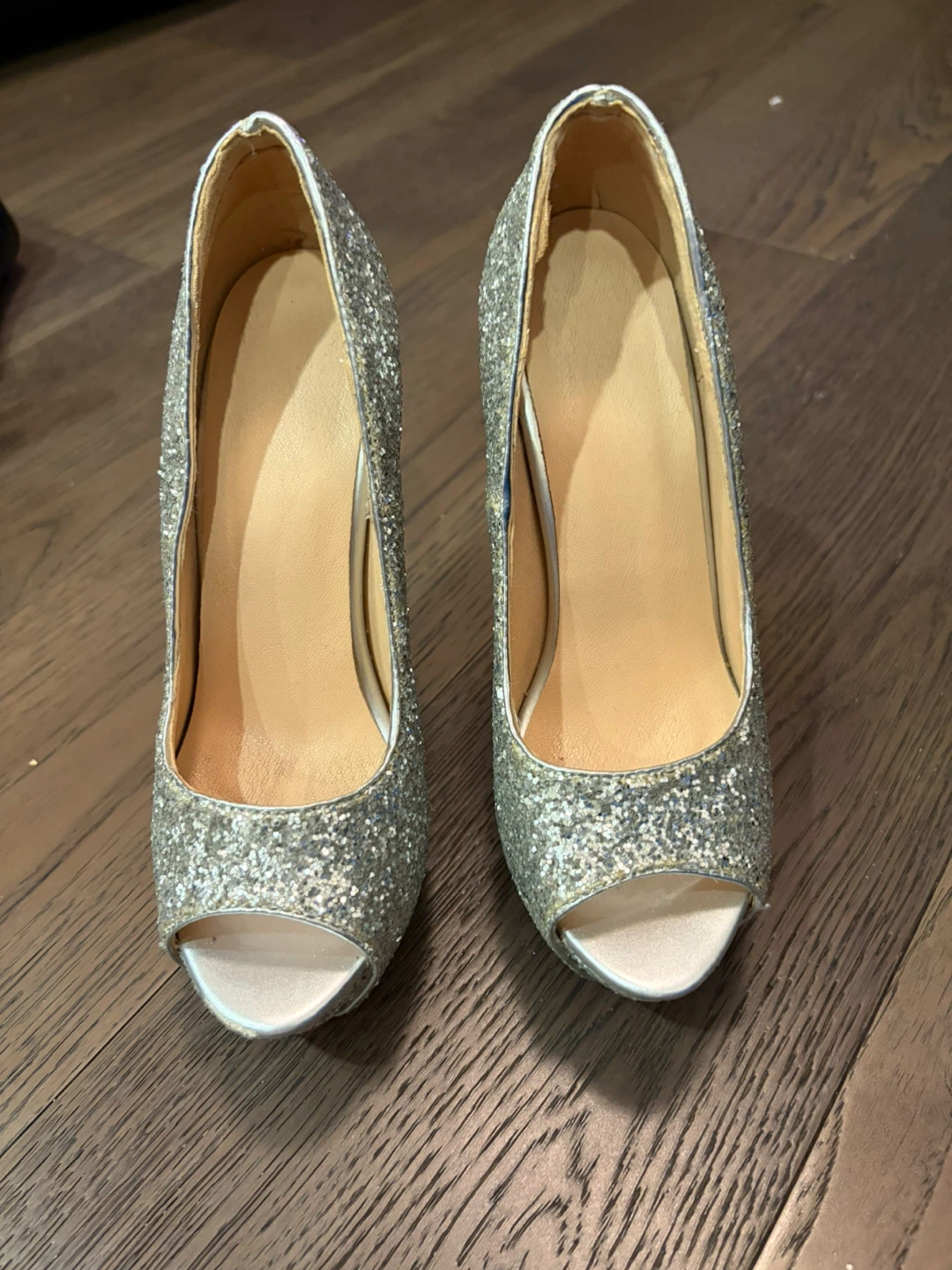 Sparkly Silver Peep-Toe Heels