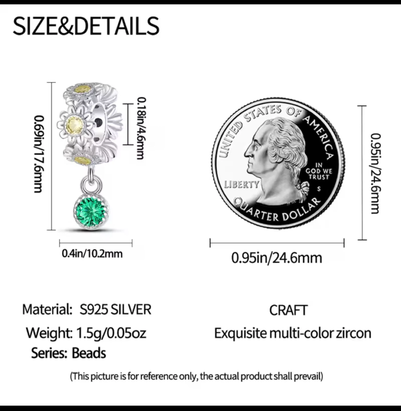 🏆Sterling Silver Charm Bead with Green Zircon - photo 2