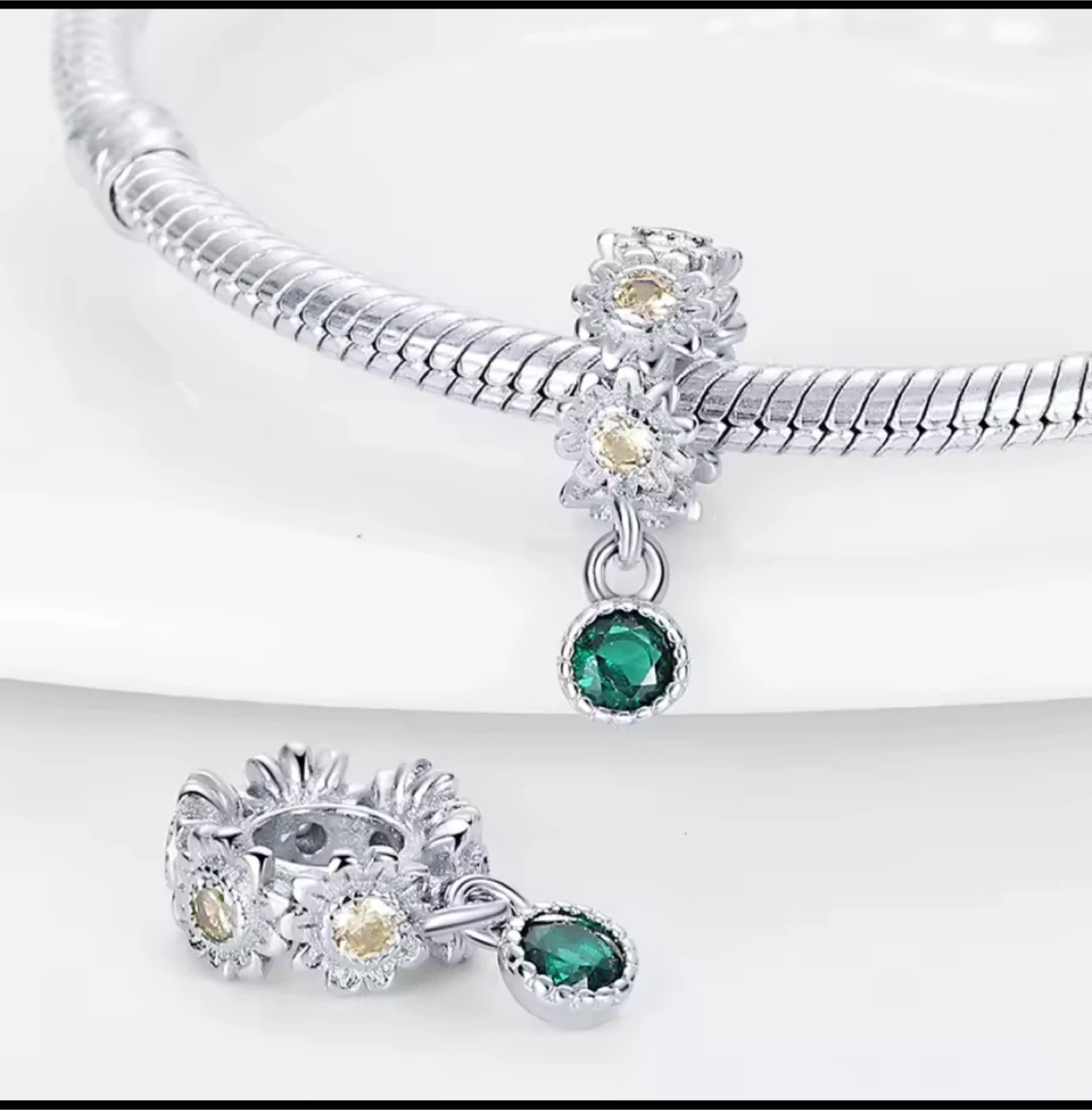 🏆Sterling Silver Charm Bead with Green Zircon - photo 4