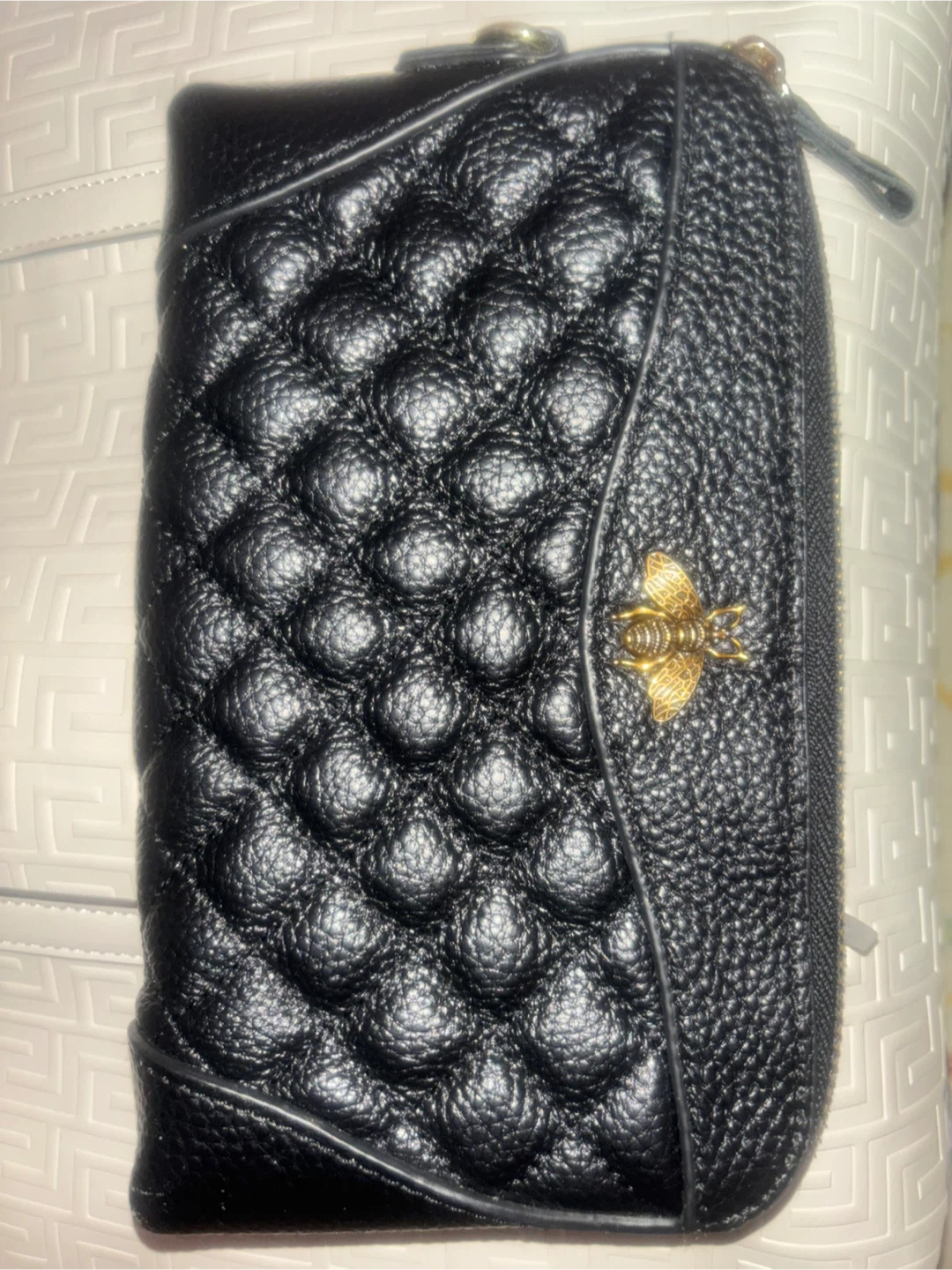 Black Leather Clutch with Bee Emblem