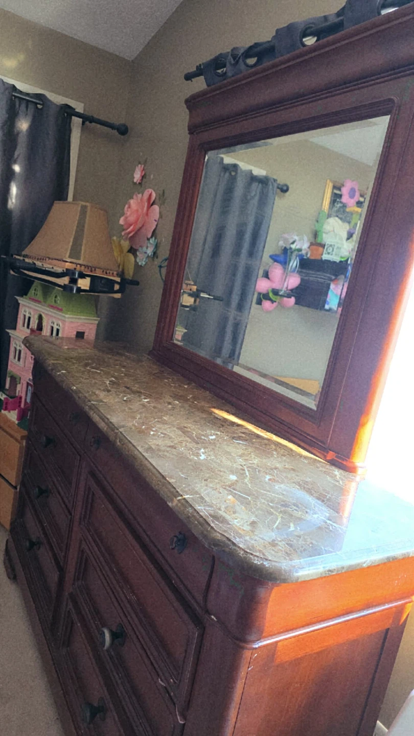 Wooden Dresser with Marble Top and Mirror