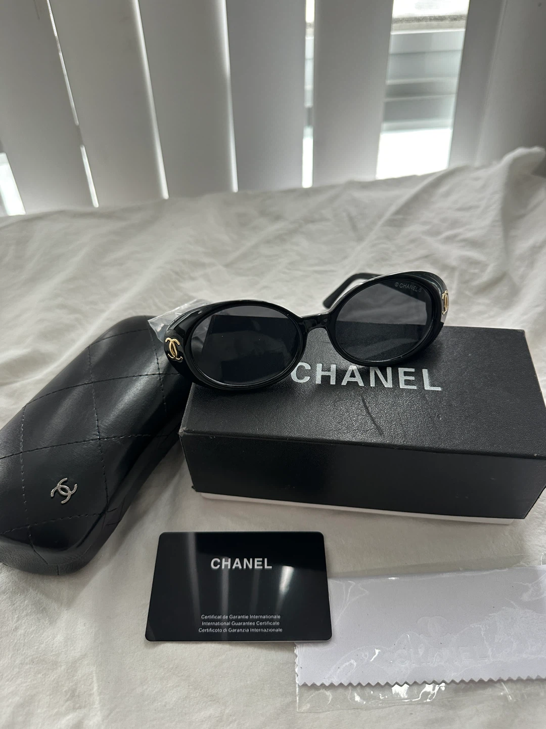 CHANEL Black Oval Sunglasses with Case and Box