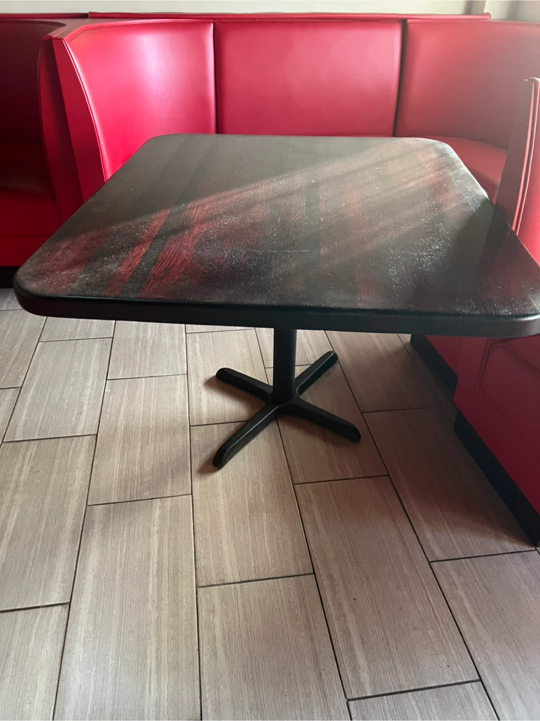 Dark Wood Square Dining Table with Black Pedestal Base