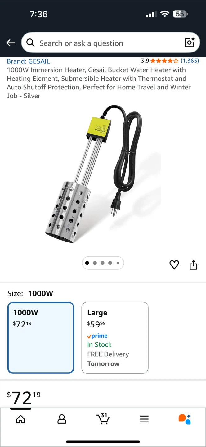 GESAIL 1000W Bucket Water Heater
