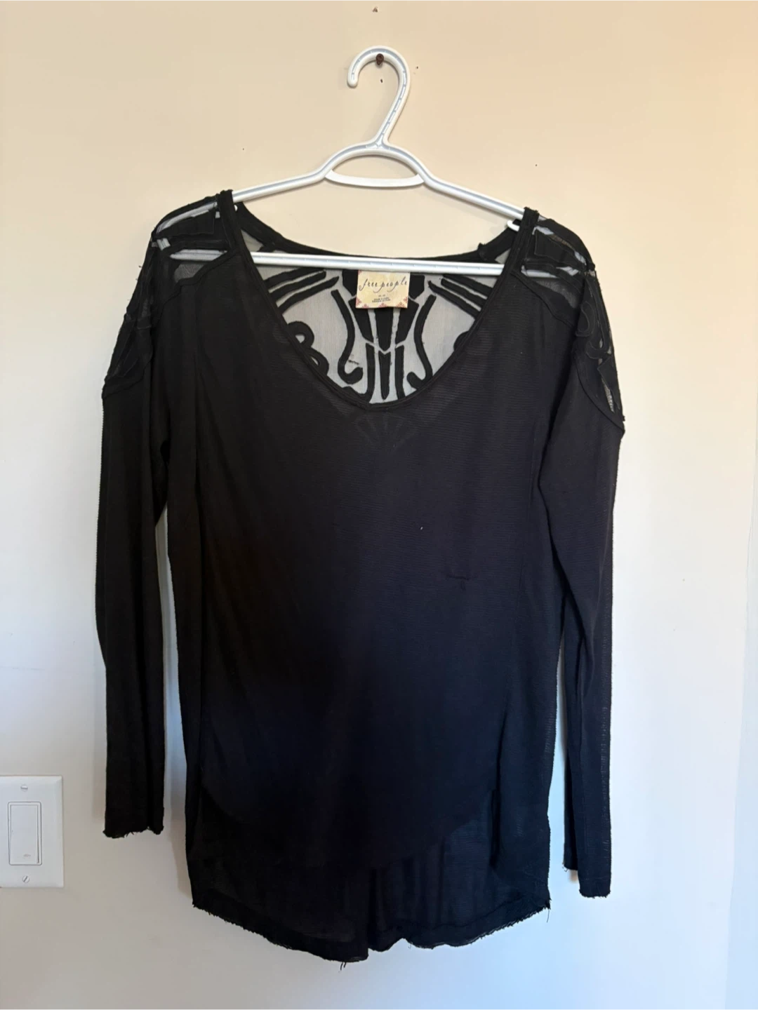 Free People Black Long Sleeve Lace Detail Top - Size Medium