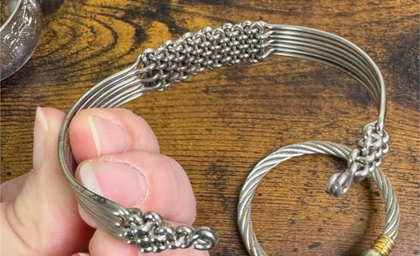 SILVER AND GOLD TONE WIRE CABLE & WOVEN BRACELETS - photo 2