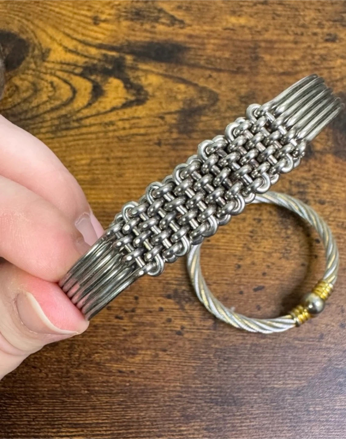 SILVER AND GOLD TONE WIRE CABLE & WOVEN BRACELETS