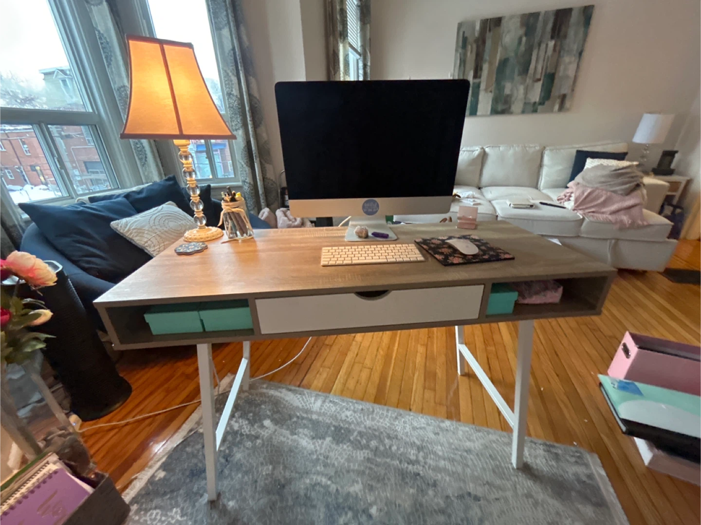 Modern Wood Grain Desk with Drawer and Storage - photo 2