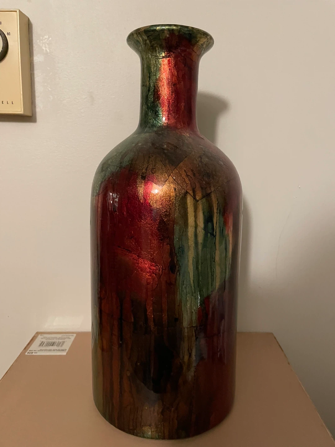 Decorative Tall Vase with Red, Green, and Gold Glaze