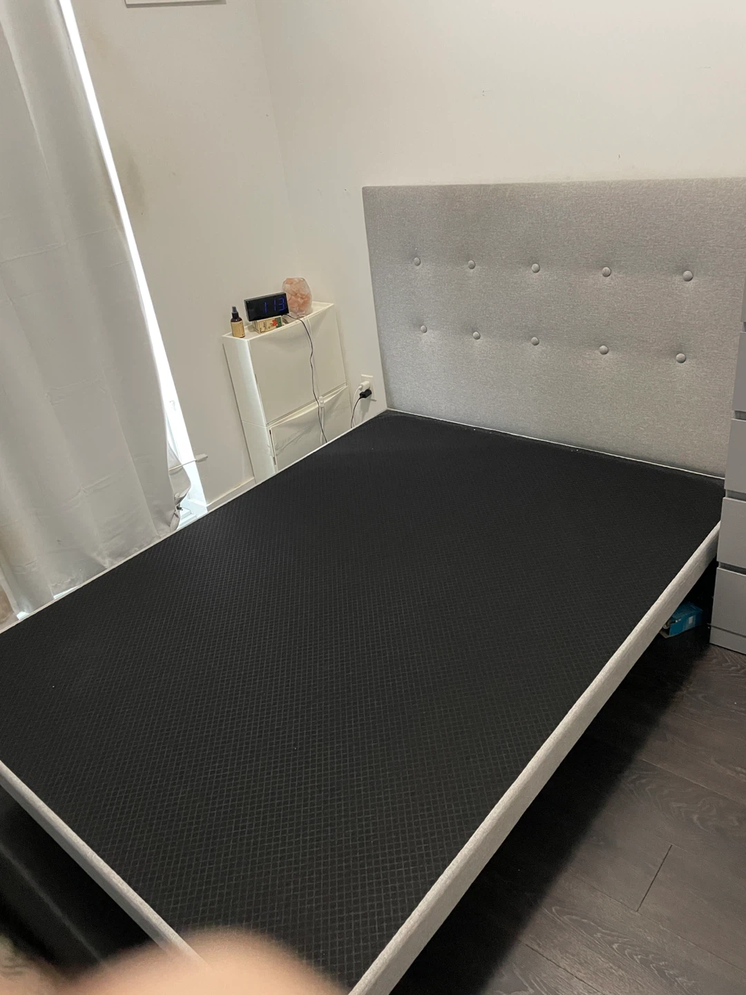 Grey Tufted Upholstered Headboard and Bed Frame