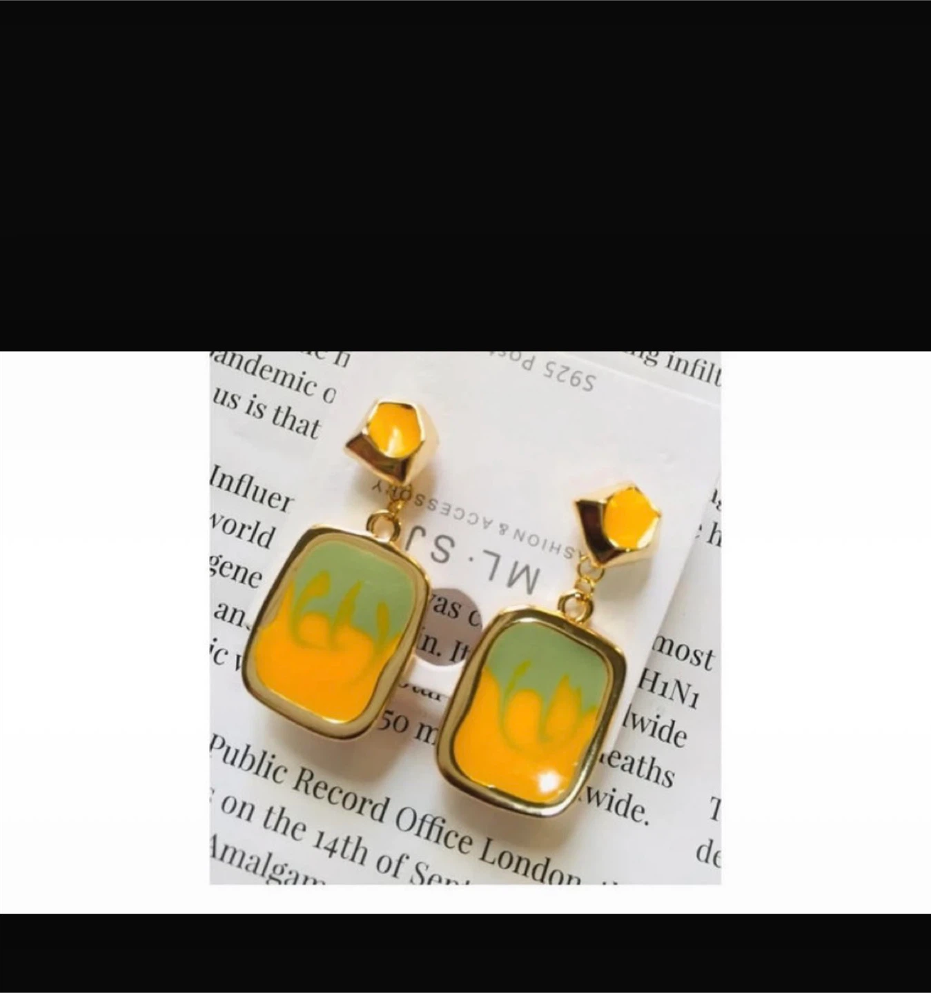 Abstract Dangle Earrings - Gold Tone Green & Yellow