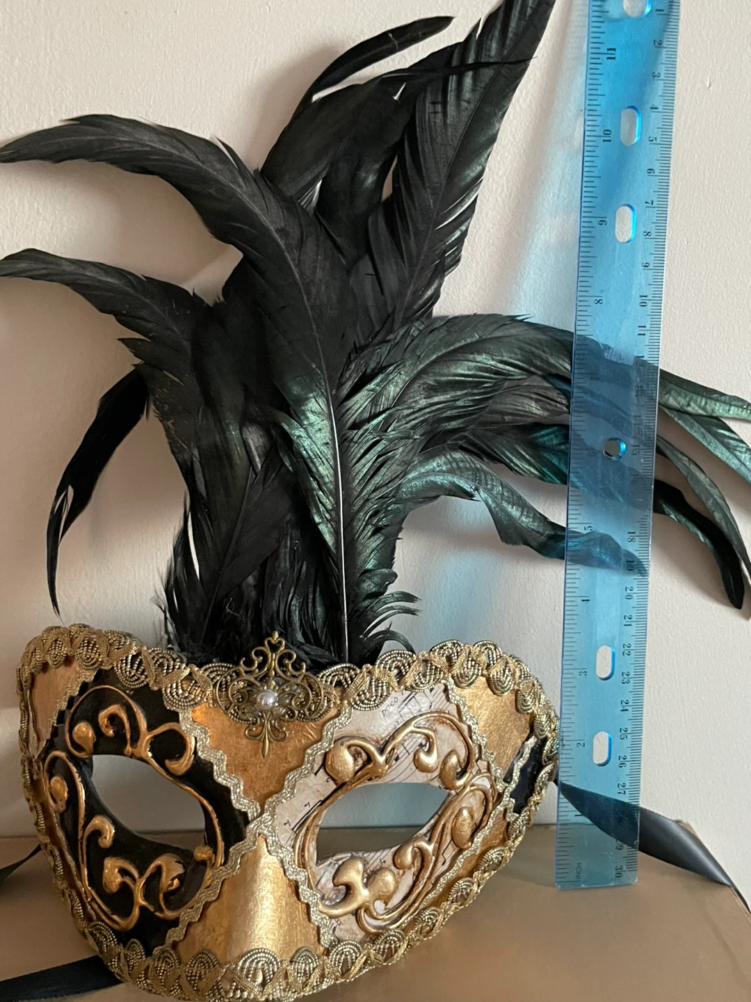 Gold Masquerade Mask with Black Feathers from Italy