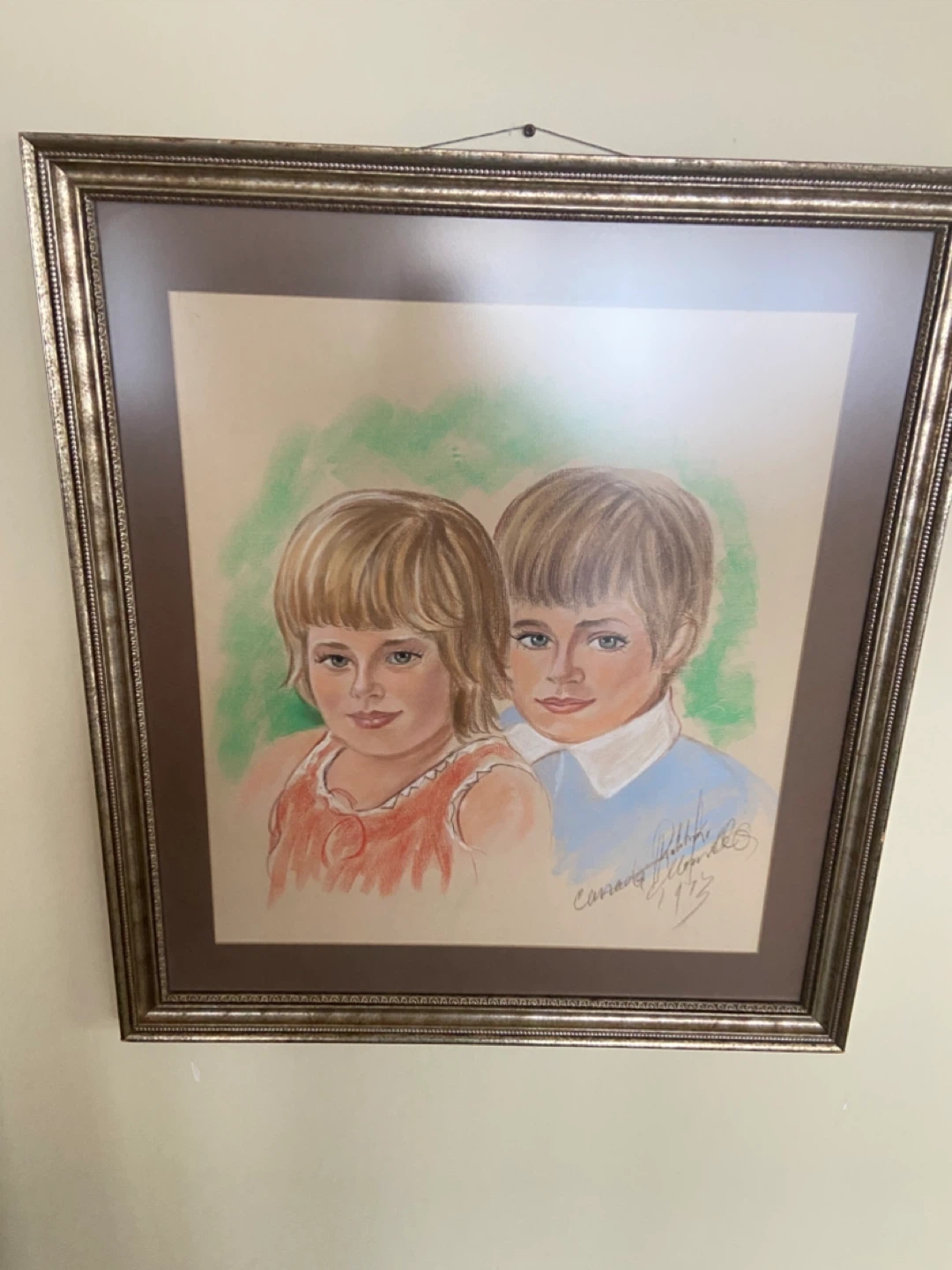 🏆Framed Pastel Portrait of Two Children Montreal artist 1973