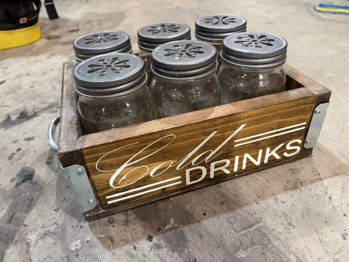 Wooden Crate with 6 Mason Jars for Cold Drinks