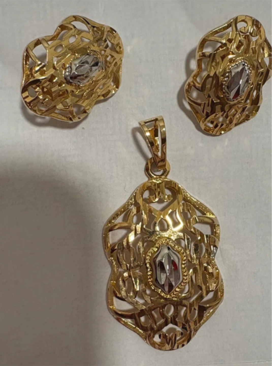 Gold Tone Filigree Pendant and Earrings Set