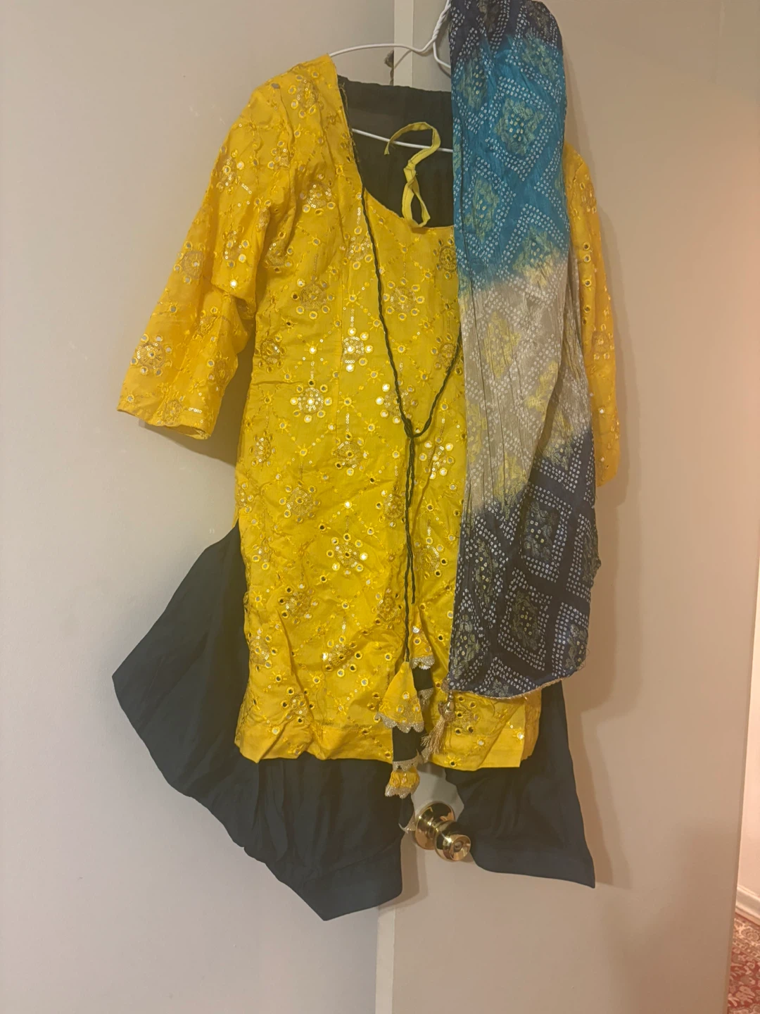 Yellow Embroidered Kurta Set with Pants and Scarf