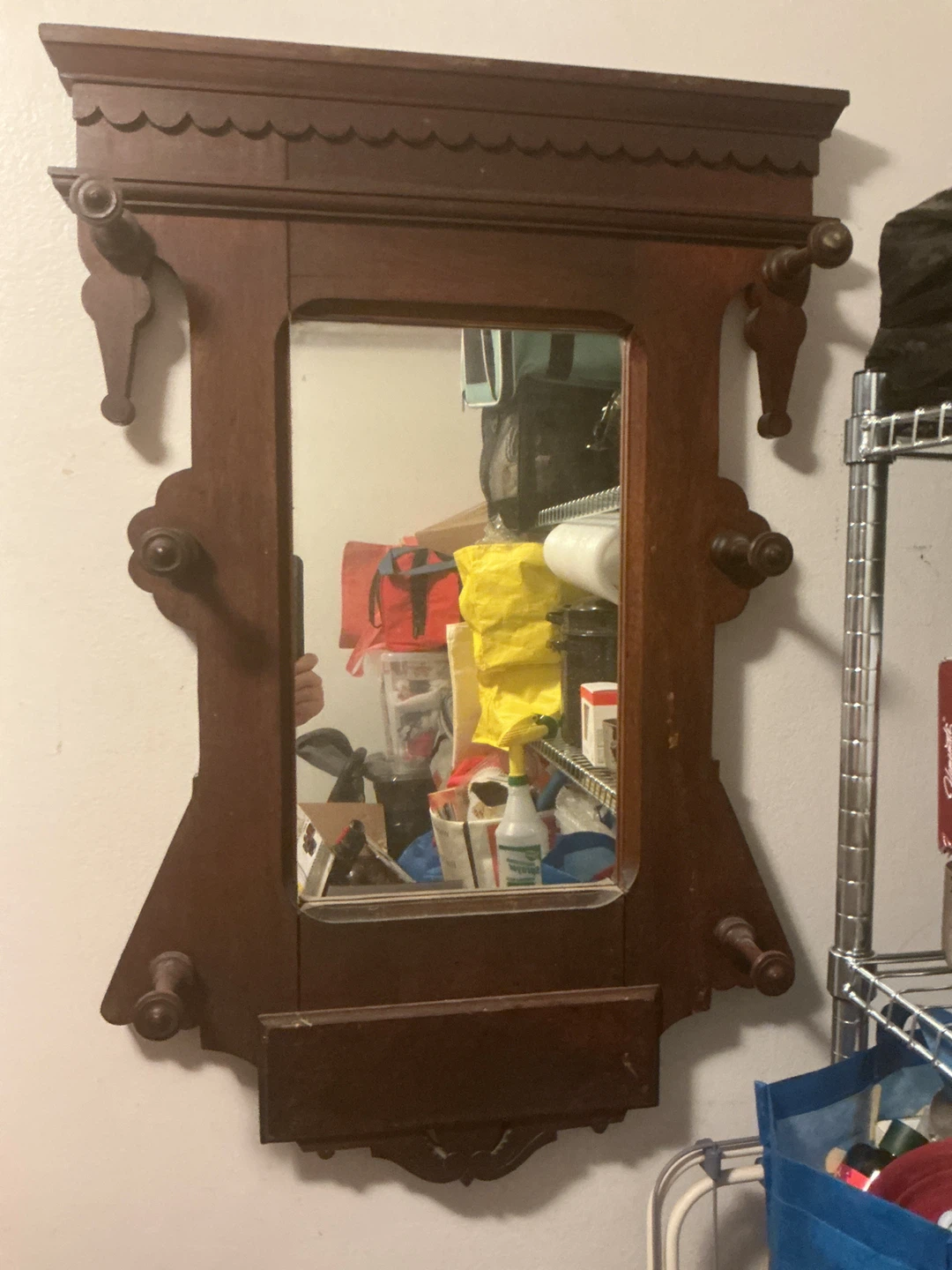 Antique Wooden Hall Tree Mirror with Shelf