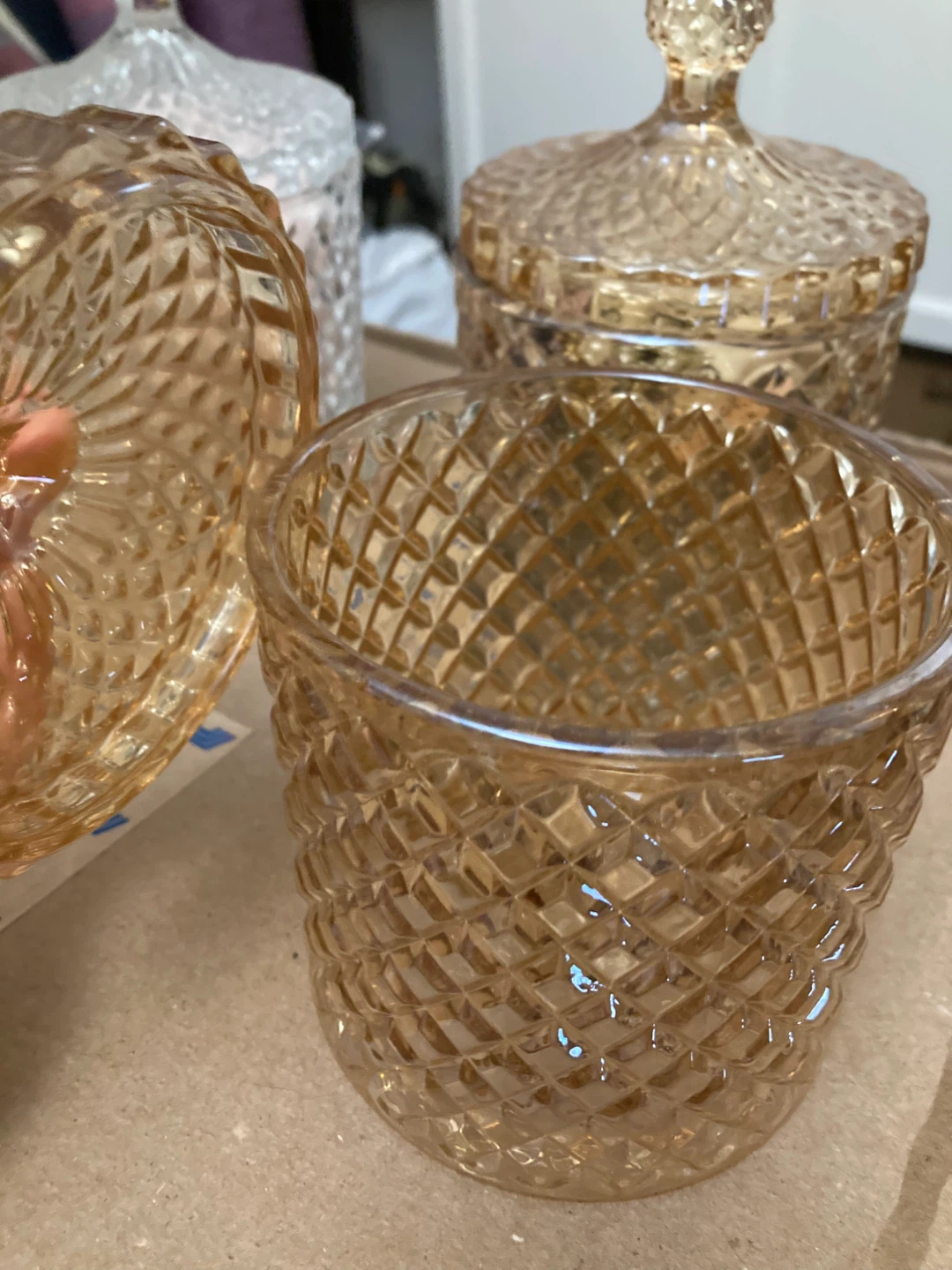 Amber Diamond Cut Glass Apothecary by Jar with Lid - photo 5