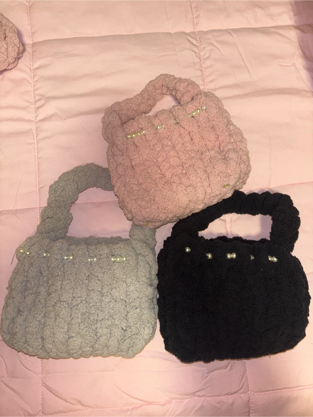 Handmade Crocheted Mini Handbags with Pearls - Black, Grey, Pink